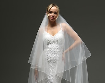 Chapel Wedding Veil 79 Inch, Two Tier Veil with Blusher Pencil Edge, Long Bridal Veil Soft Tulle Elegant Veil