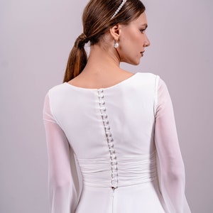 Midi Wedding Dress Long Sleeve Bridal Gown V-Nevkline Dress Off-White Dress Long Cuffs With Buttons Dress Satin Wedding Dress image 5