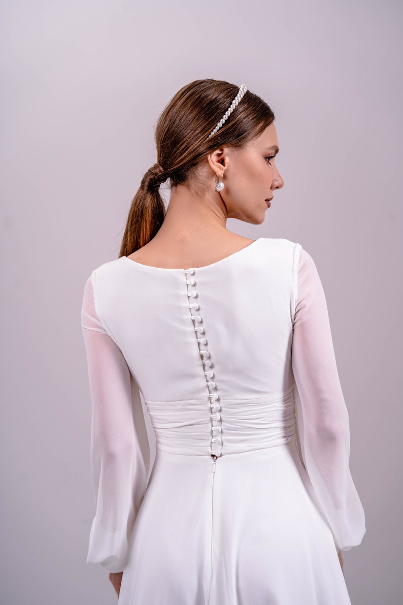 Midi Wedding Dress Long Sleeve Bridal Gown V-Nevkline Dress Off-White Dress Long Cuffs With Buttons Dress Satin Wedding Dress image 5