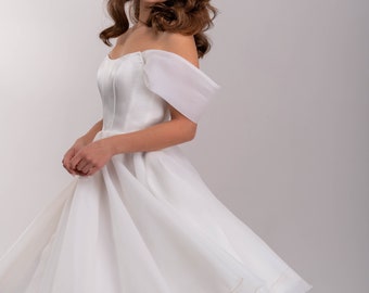 Midi Brautkleid. Romantisches weißes Kleid | Standesamtliches Hochzeitskleid | Cocktailkleid, Elopementkleid, Gartenhochzeitskleid