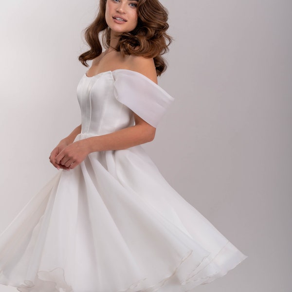 Midi Brautkleid. Romantisches weißes Kleid | Standesamtliches Hochzeitskleid | Cocktailkleid, Elopementkleid, Gartenhochzeitskleid