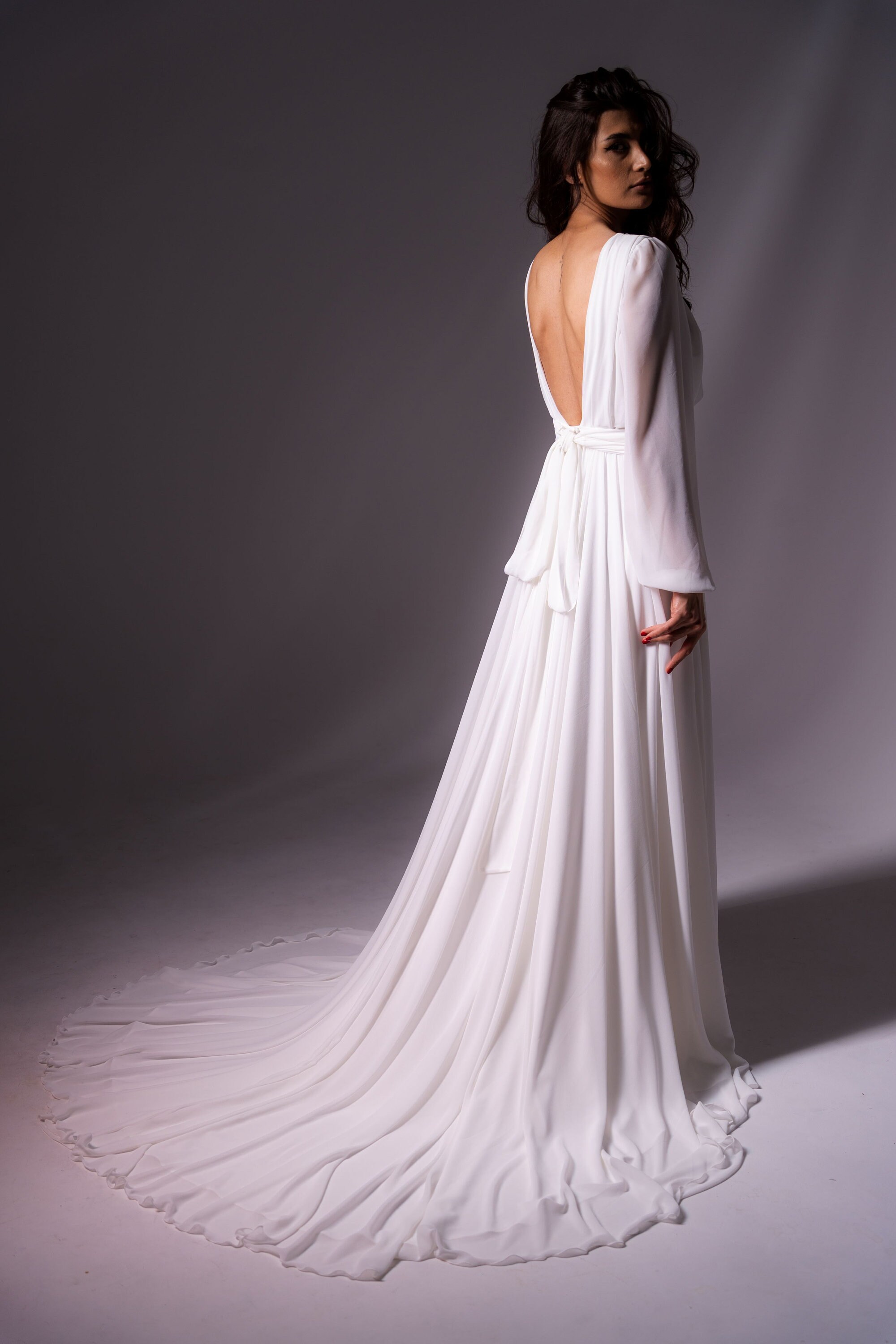 Jewel Long Sleeves Open Back White Wedding Guest Dress