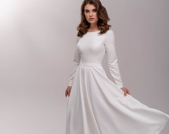 Crepe wedding dress  MIDI. Modest wedding dress | boat neckline | midi wedding dress/mini wedding dress,short wedding dress,cocktail dress,