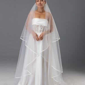 Bridal Veil with Satin Edge, Double Tier Cascading Veil, Cathedral length Wedding Veil, Simple Sheer Chapel Veil