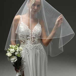 Two-Tier Ivory Wedding Veil with Pencil Edge – Fingertip Length, Blusher, Double Layer Circle Veil