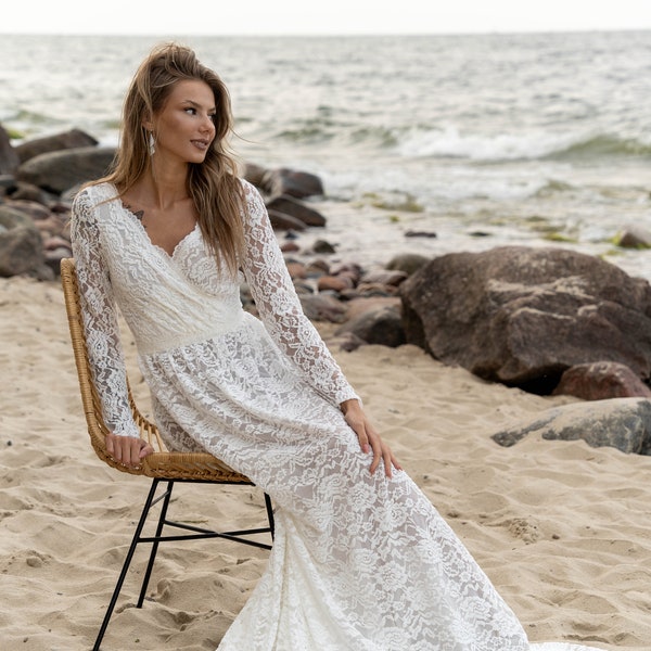 bohemian wedding,minimalist dress, modern wedding dress, ivory wedding dress,long sleeve dress,simple wedding gown,summer dress,womens dress