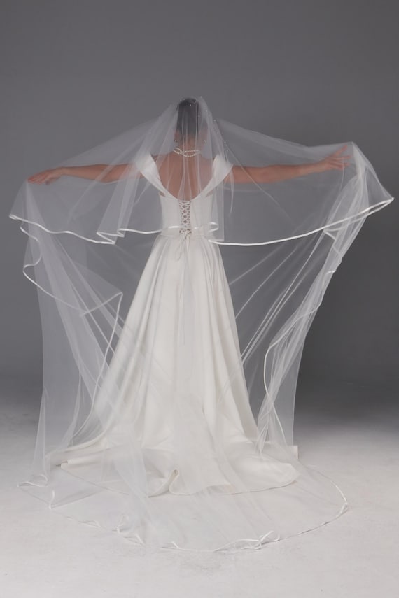 Handmade Two Tier Cathedral Wedding Veil | Satin Ribbon Edge  display picture 1