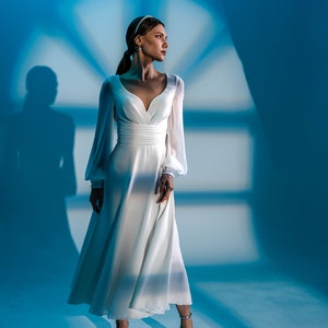 Midi Wedding Dress Long Sleeve Bridal Gown V-Nevkline Dress Off-White Dress Long Cuffs With Buttons Dress Satin Wedding Dress image 1