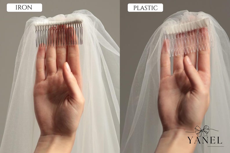 Może przedstawiać: Por&oacute;wnanie dw&oacute;ch grzebieni do welonu ślubnego. Lewy grzebień jest żelazny, a prawy plastikowy. Oba grzebienie są przymocowane do przezroczystego białego welonu. Słowa "IRON" i "PLASTIC" znajdują się nad grzebieniami.