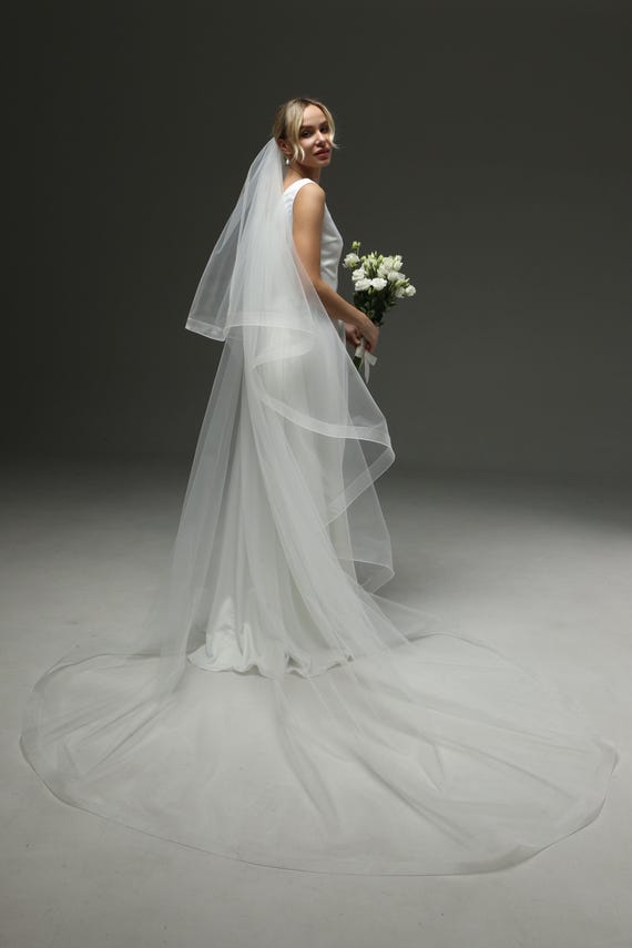 Cathedral Wedding Veil 108 Inch, Two Tier Veil with Blusher Wide Horsehair Edge 1.4 Inch, Dramatic Bridal Veil