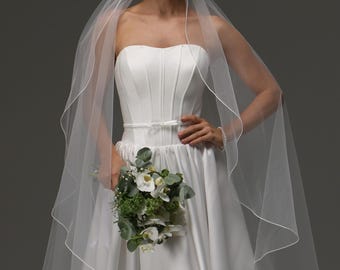 Voile de mariée cascade simple épaisseur avec bordure crayon - Voile de mariée minimaliste transparent et délicat