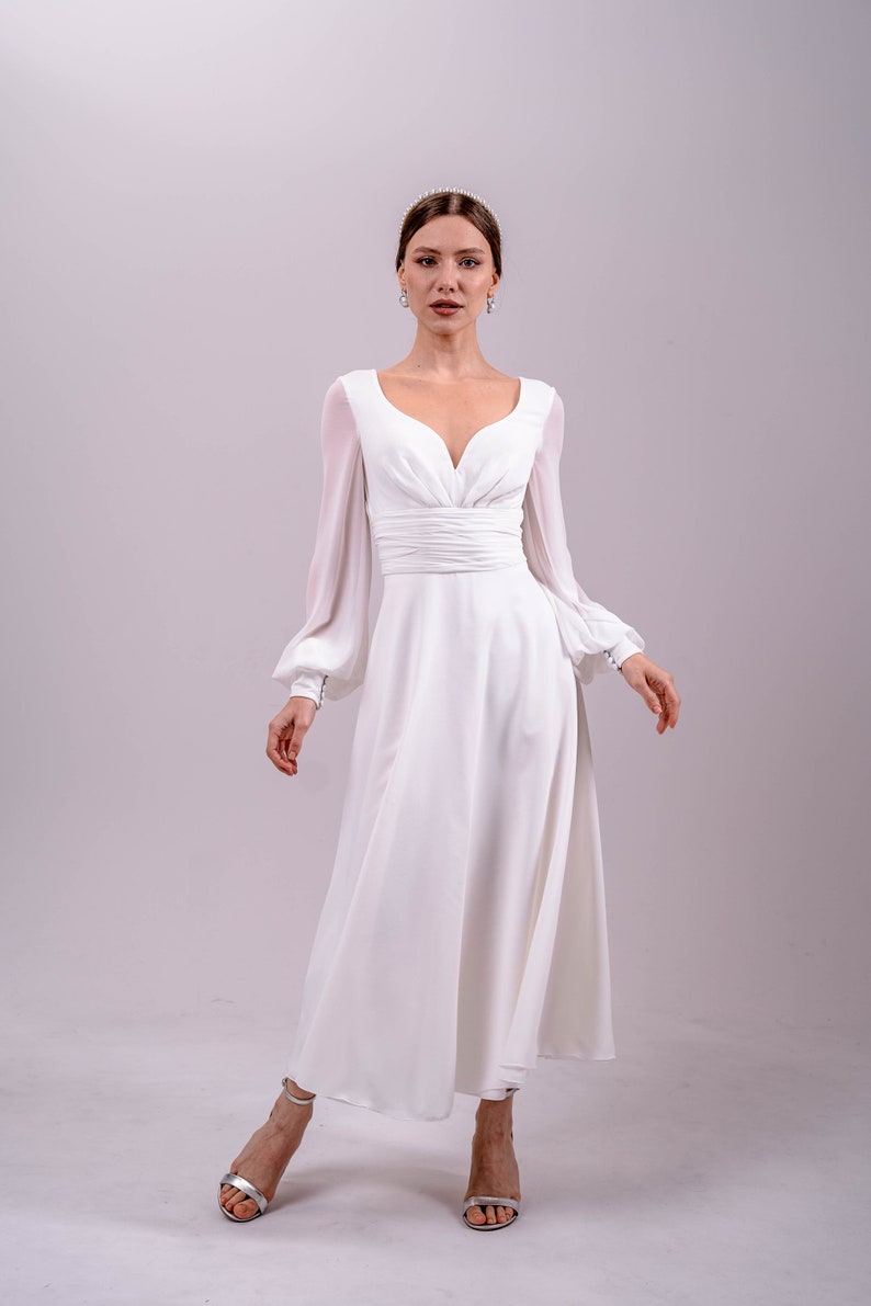 Midi Wedding Dress Long Sleeve Bridal Gown V-Nevkline Dress Off-White Dress Long Cuffs With Buttons Dress Satin Wedding Dress image 8