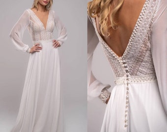 Robe de mariée Camila en mousseline de soie, robe de mariée rustique, dos nu, robe à décolleté profond, robe de mariée de plage, robe de mariée bohème