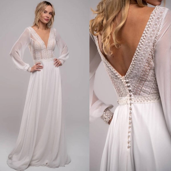 Robe de mariée Camila en mousseline de soie, robe de mariée rustique, dos nu, robe à décolleté profond, robe de mariée de plage, robe de mariée bohème