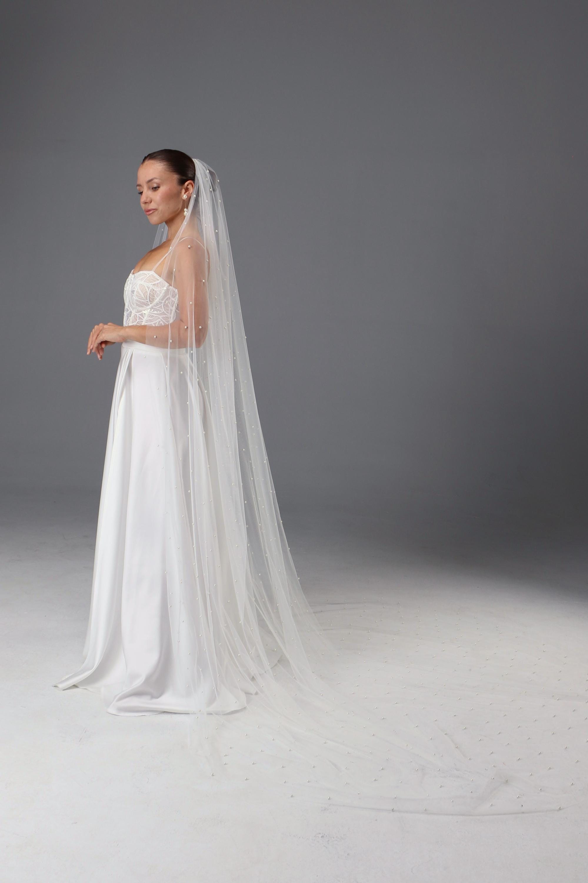 Handmade Ivory Pearl Wedding Veil | Italian Tulle, Chapel Length