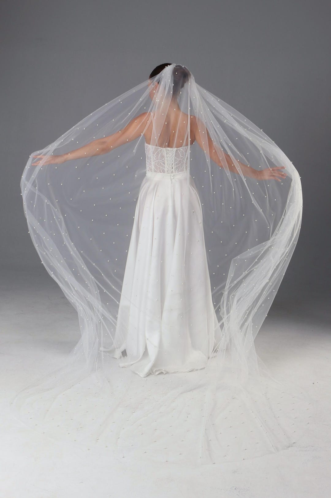 Handmade Ivory Pearl Wedding Veil | Italian Tulle, Chapel Length