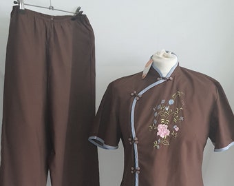 Vintage Asian Oriental Pyjama Set Top and Bottom - Brown with Floral Embroidery -