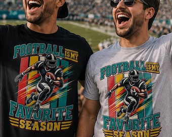 May include: A black t-shirt and a light gray t-shirt, both featuring a graphic print of a football player in motion with the text "FOOTBALL IS MY FAVORITE SEASON" in teal and yellow, set against a background of vertical stripes in red, yellow, and teal.