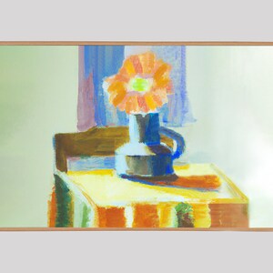 May include: A painting depicting a single orange flower in a blue vase, positioned on a table with a wooden chair. The background is a light green and blue.
