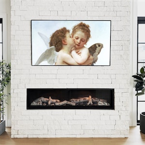 May include: A framed painting depicting two cherubs kissing, one with wings and the other with a butterfly on its shoulder. The painting is hung above a fireplace with a white brick surround.