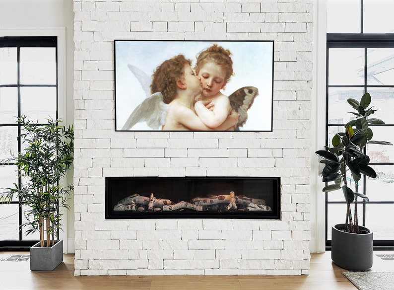 May include: A framed painting depicting two cherubs kissing, one with wings and the other with a butterfly on its shoulder. The painting is hung above a fireplace with a white brick surround.