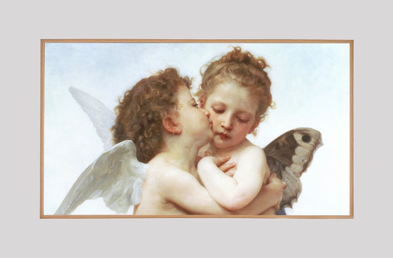 May include: A painting of two cherubs, one with wings, embracing and kissing. The cherub with wings is on the left and has light brown hair. The other cherub is on the right and has light brown hair. The background is a light blue.