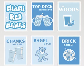 May include: Six blue and light blue illustrated prints with white text. The prints feature the names of various bars and restaurants, including "Miami Red Hawks", "Top Deck Skippers Pub", "The Woods", "Chanks Bar & Grill", "Bagel & Deli", and "Brick Street".