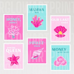 Mamma Mia Print Set, Preppy Wall Decor, Mamma Mia Gallery Art, Digital Download, Mamma Mia, Wall Prints, Bright Pink preppy colors, Greece