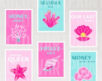 Mamma Mia-tryckset, preppy väggdekor, Mamma Mia gallerikonst, digital nedladdning, Mamma Mia, väggtryck, ljusrosa preppy färger, Grekland