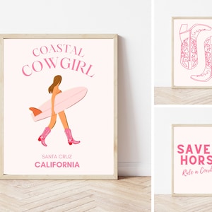 Coastal Cowgirl Art Print Set of 3, Coastal Cowgirl Aesthetic, Pink, Coastal Grandma, Beach theme, Wall Art, Digital Download
