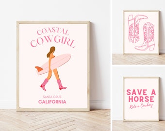 Coastal Cowgirl Art Print Set of 3, Coastal Cowgirl Aesthetic, Pink, Coastal Grandma, Beach theme, Wall Art, Digital Download
