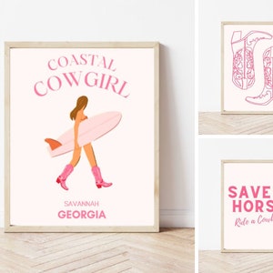 Georgia Coastal Cowgirl Art Print Set of 3, Coastal Cowgirl Aesthetic, Pink, Coastal Grandma, Beach theme, Wall Art, Digital Download