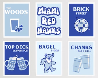 May include: Six blue and white illustrated posters with different bar and restaurant names. The posters feature a glass of water with a lime wedge, a disco ball, two beer mugs, a bear, two plastic cups, and the text "The Woods", "Miami Red Hawks", "Brick Street", "Top Deck Skippers Pub", "Bagel & Deli", and "Chanks Bar & Grill".