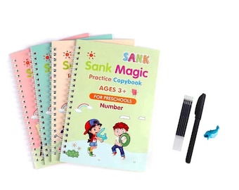 11pcs Kids Reusable Writing Stencil-Print Hand Write Exercise Book Reusable Writing Exercise Book (4 Books With Pen)