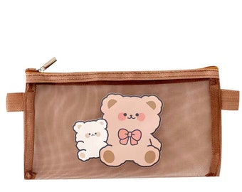 1pc Cartoon Bear Net Gauze Pencil Bag Student Transparent Pencil Case Large-capacity Test Stationery Storage Bag