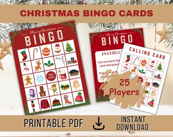 May include: Printable Christmas Bingo cards with 25 players. The cards feature a red and green color scheme with a variety of Christmas-themed images. The calling card is white with a red border and features the same images as the bingo cards.