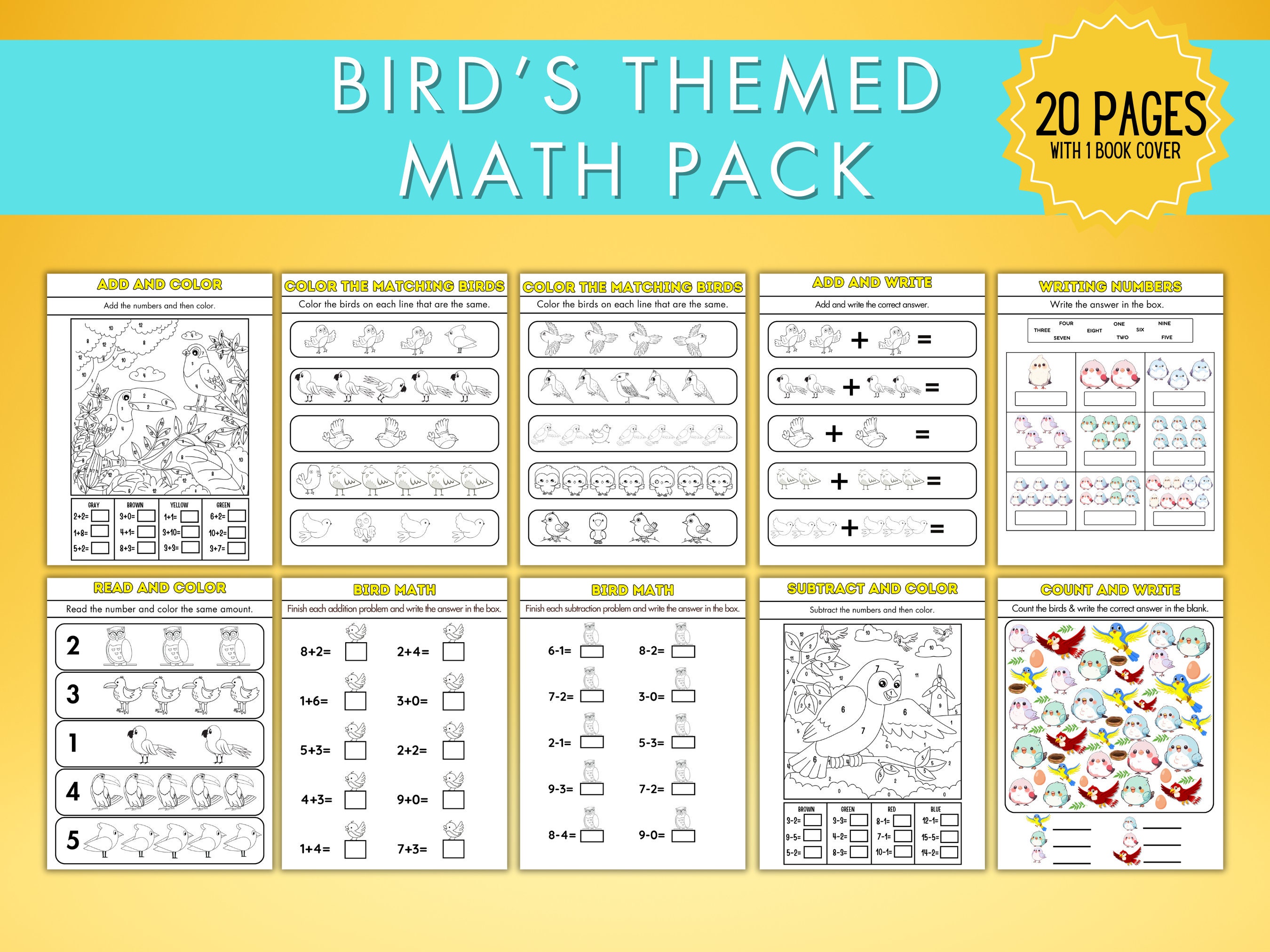 Bird Themed Math Workbook Kids Math Worksheet Printable Math Worksheet