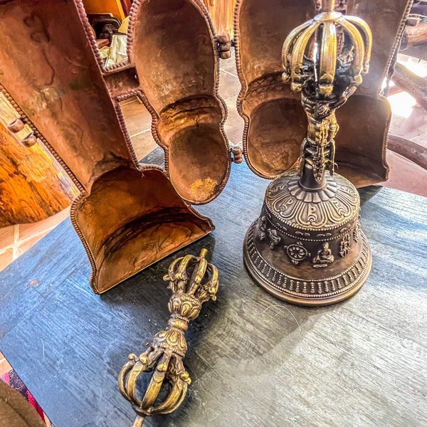 Hand-forged 7 Metal Alloy Tibetan Bell and Dorje with Case