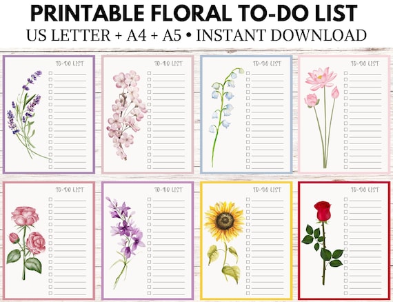 Floral To-Do List Printable, US Letter, A4, A5 (PDF)