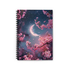 Spiral Notebook, Cherry Blossom Spiral Notebook, Notebook with Cherry Blossoms, Moon Notebook, Pink Floral Notebook, Spiral Bound Notebook