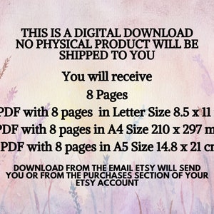 May include: Digital download announcement with text on a watercolor background. The text states that the product is a digital download, and no physical product will be shipped. It includes 8 pages in Letter, A4 (210 x 297 mm), and A5 (14.8 x 21 cm) sizes.