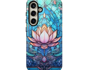 Stained Glass Lotus Samsung Galaxy Phone Case, Blue Samsung Phone Case, Stained Glass Phone Case, Floral Lotus Phone Case
