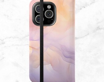 Étui pour portable marbré violet : étui en cuir végétalien avec porte-cartes