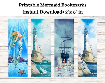 Watercolor Mermaid Bookmarks, Set of 4, Nautical Ocean Theme (PDF Printable)