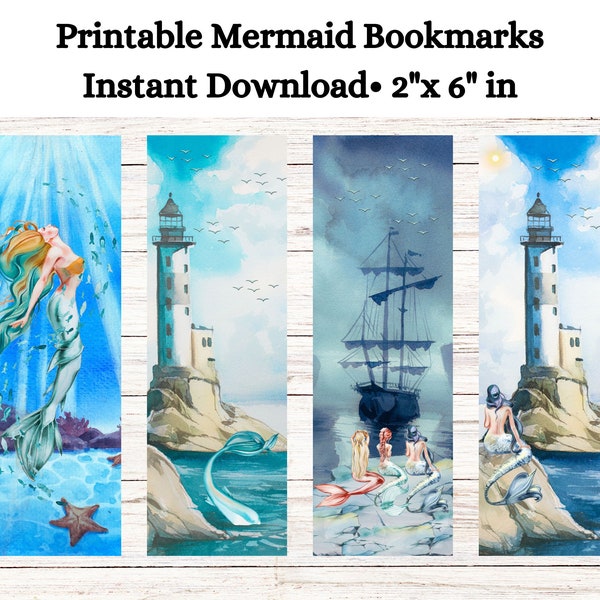 Printable Mermaid Bookmarks,Printable Ocean Bookmarks,Printable Bookmarks,Set of 4, Watercolor Mermaid Bookmarks, Nautical,PDF Printable