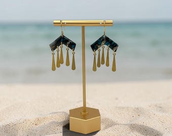 Midnight Reverie Collection - Midnight Blue Gold Geometric Earrings Gothic Bohemian Statement Dangling Chandelier
