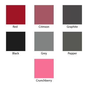 May include: A color palette featuring seven solid color swatches. The colors include red, crimson, graphite, black, grey, pepper, and crunchberry. Each color is labeled with its name in a sans-serif font.