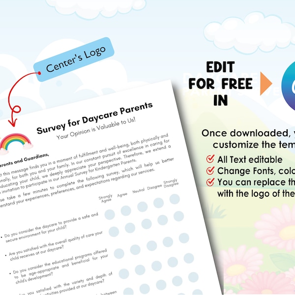 Daycare Parent Survey |Parent communication |  Daycare business  | Editable Digital Survey in Canva