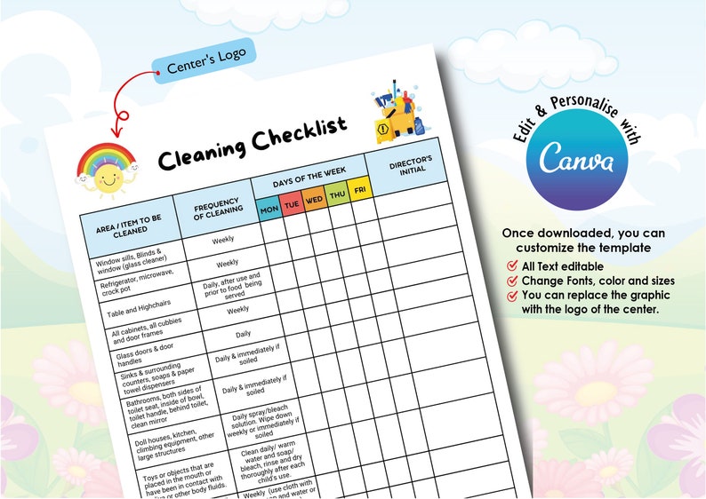 Daycare Cleaning Checklist Editable and Printable Cleaning Record Sheet