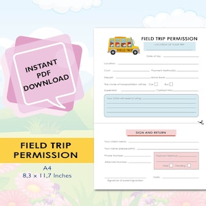 Field Trip Permission Printable, Trip Permission Slip,  School Trip,  Organization Planner